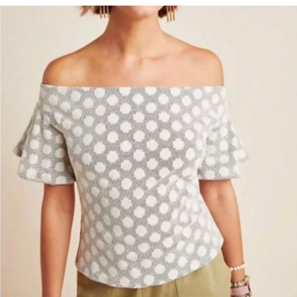 Anthropologie Off-Shoulder Polka Dot Top - Gray and White